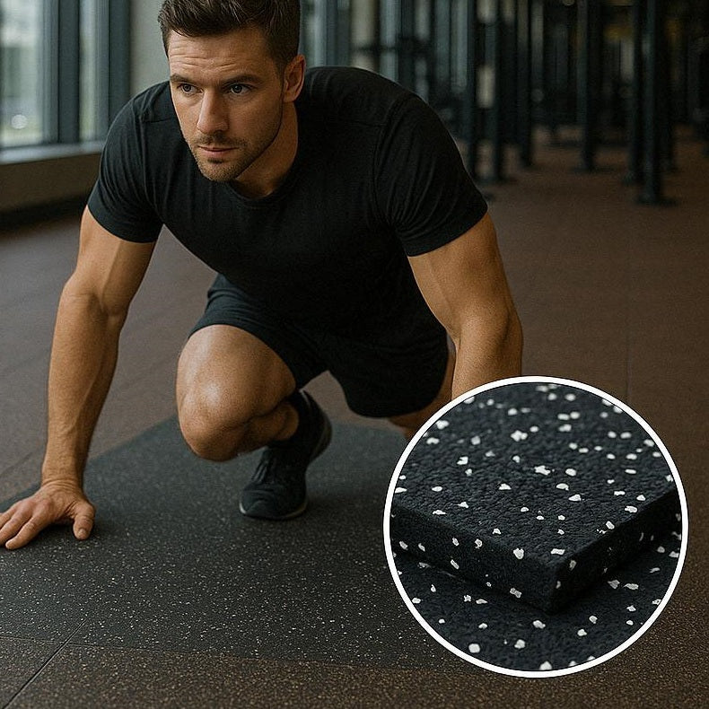 Rubber crumb gym flooring roll in a gym, with a close-up of the white fleck surface and thickness