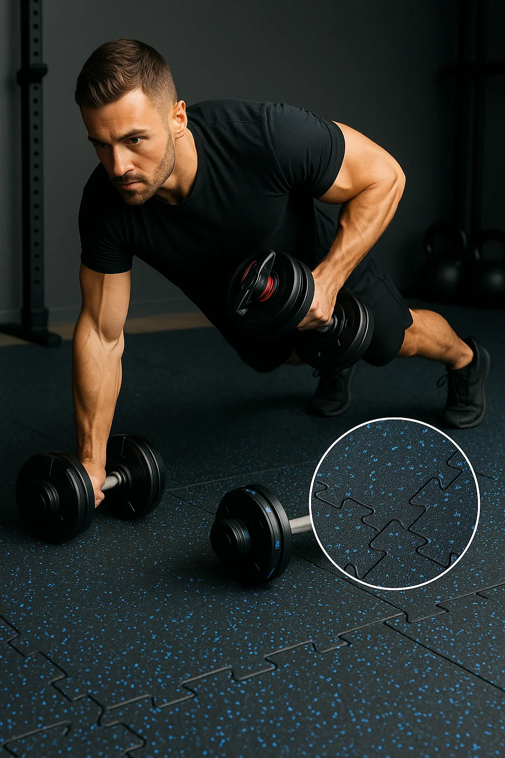 12mm interlocking gym tiles blue black in university fitness centre — CE REACH certified UK