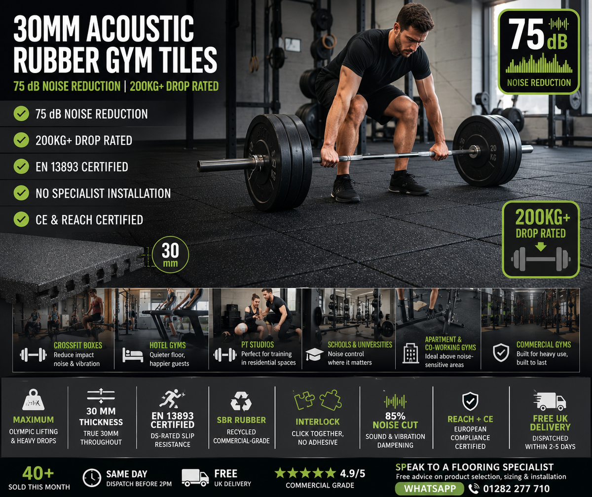30mm rubber acoustic gym tiles — 1000kg/m3 density soundproof flooring for flats and apartments