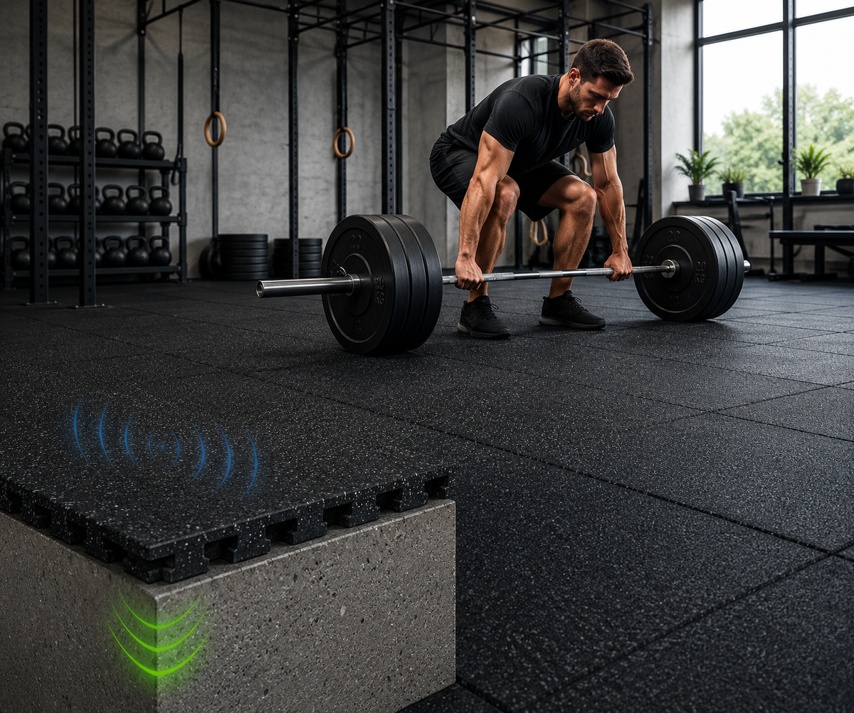 Acoustic rubber gym tiles 30mm laid in flat conversion gym — impact noise reduction flooring