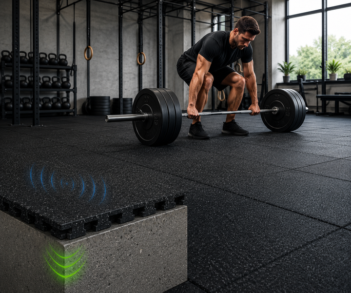 30mm Acoustic Rubber Gym Tiles | Soundproof Gym Flooring UK | 75 dB Noise Reduction | 200kg+ Drop Rated | EN 13893