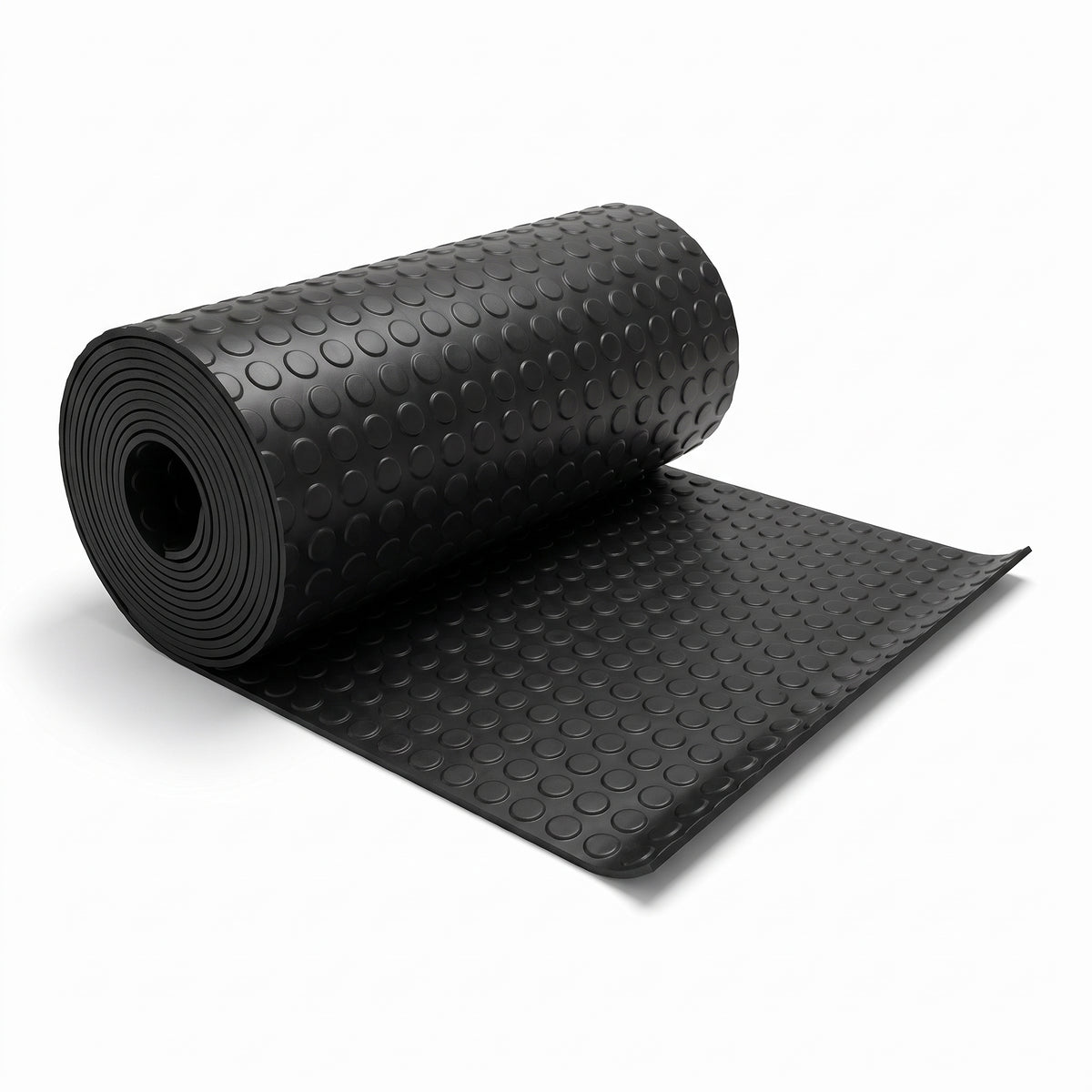 Roll of black 3mm studded penny rubber flooring, 1.2m wide