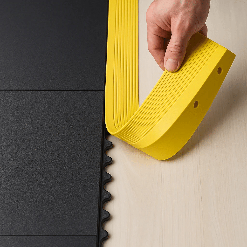 17mm Garage Gym Rubber Mats | 3ft × 3ft | 80kg Drop Rated | Yellow & Black Ramps